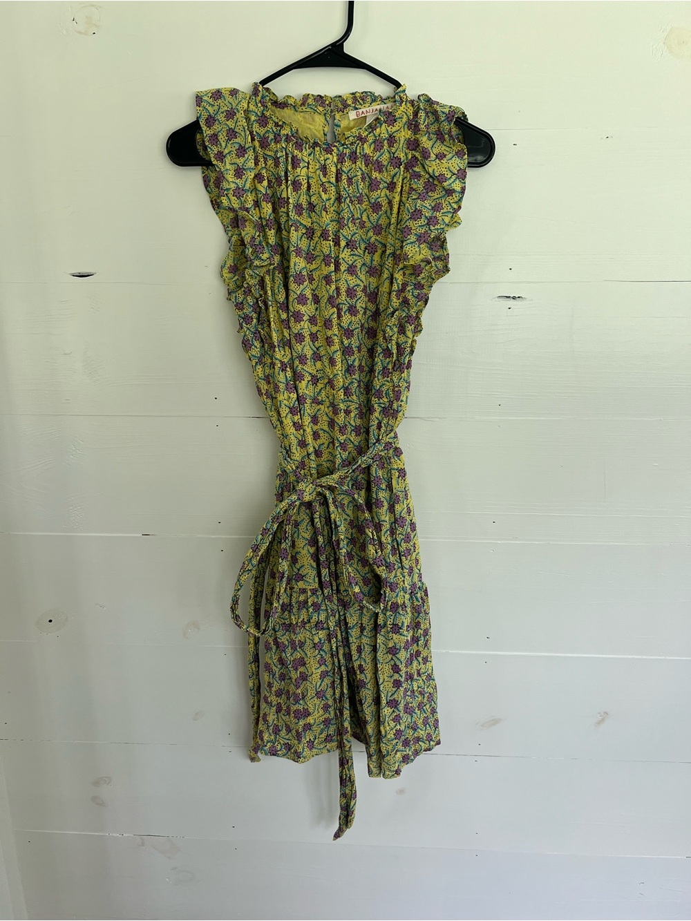 Banjanan Lime & Purple Floral Ruffle Tie-Waist Mini Dress